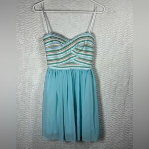 B. Smart Aqua Strapless Dress with Multicolor Crochet Bodice